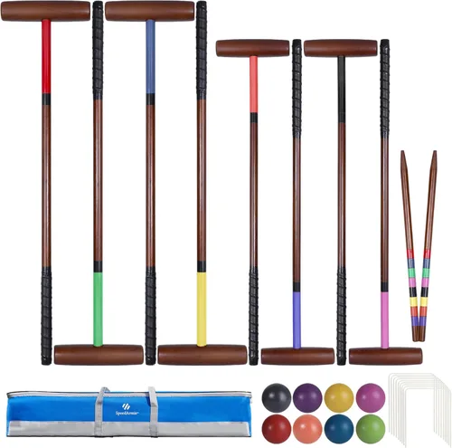 SpeedArmis Juego de croquet para adultos – Kit de croquetas para 8 jugadores con regulación de 32 pulgadas, mazos de madera de goma de tamaño de
