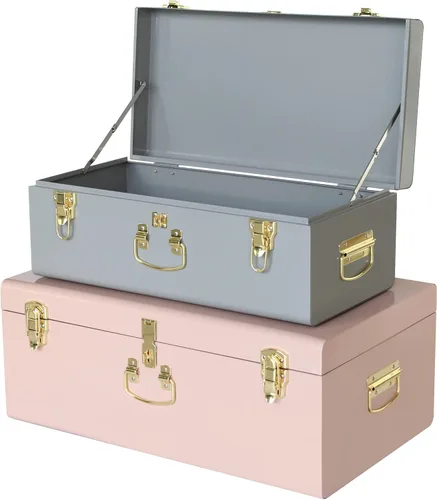 Miniatura 12 de Vixdonos Conjunto de 2 baúles de almacenamiento decorativos de metal – baúl para dormitorio universitario con asa (rosa)