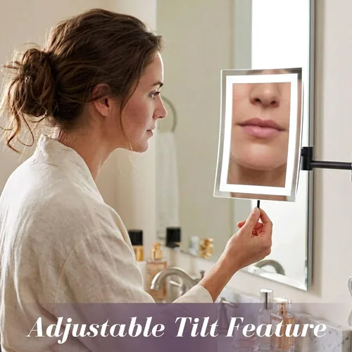 Miniatura 7 de JERDON Espejo de maquillaje rectangular para montaje en pared con aumento 5X, espejo de maquillaje de alambre directo con luces LED, negro mate