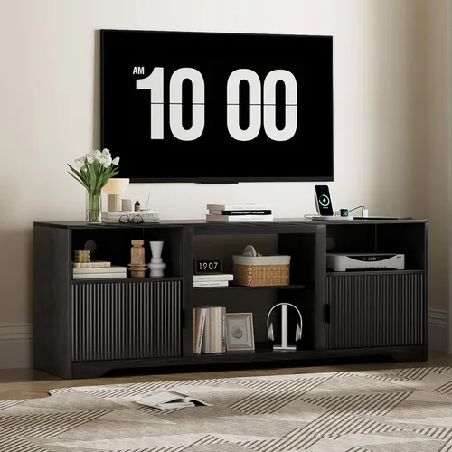 Miniatura 6 de Soporte de TV acanalado para televisores de hasta 80 pulgadas, moderno soporte de TV de mediados de siglo con estante ajustable abierto, centro