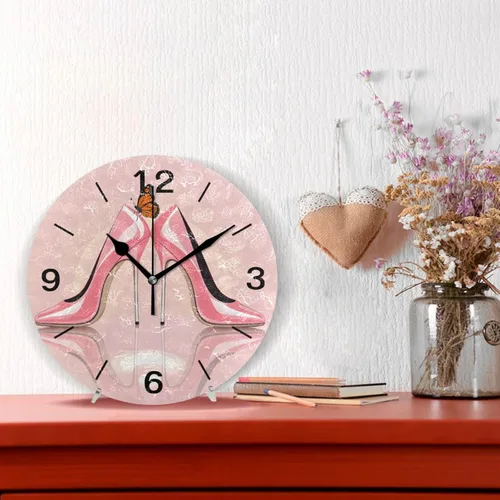 Miniatura 2 de ALAZA Reloj de pared redondo acrílico para decoración del hogar, diseño de mariposa, de tacón alto, color rosa, 9.84 pulgadas, sin tictac, para sala