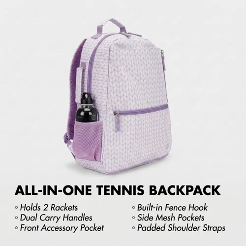 Miniatura 2 de Thorza Mochila de raqueta de tenis para mujer – Bolsa de tenis ligera que almacena 2 raquetas, pelotas y equipo deportivo – Mochila Púrpura