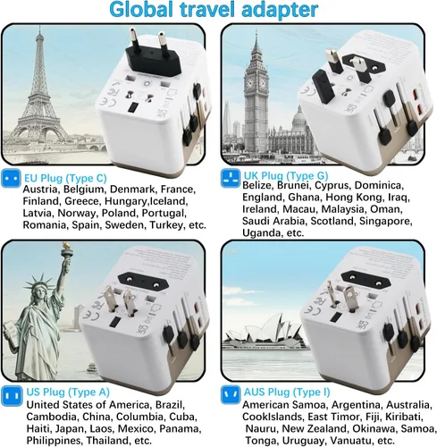 Miniatura 5 de Adaptador de viaje universal con 4 puertos (2 USB-C y 2 USB-A) Adaptador de corriente todo en uno de carga rápida de 35 W en todo el mundo para EE.