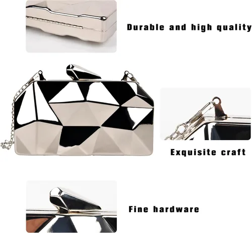 Miniatura 17 de QZUnique Bolso de mano de metal de celosía, bolso de noche geométrico abstracto con cadena de corte de piedra para mujer