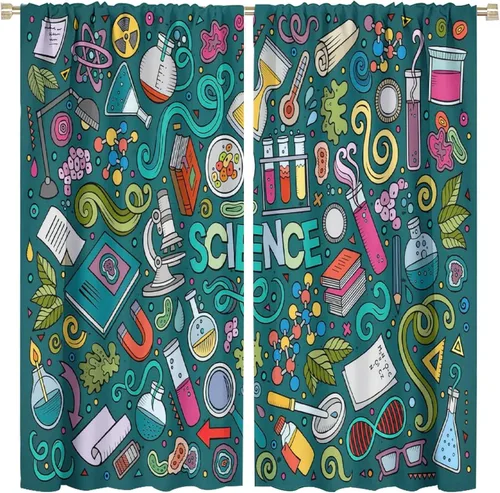 Miniatura 87 de Cortinas opacas para ventanas de ciencia para niños, lupa de libro de laboratorio de ciencia, lupa, frascos moleculares, cortinas impresas