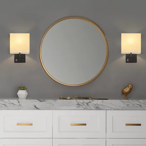 Miniatura 7 de Juego de 2 apliques de pared negros para dormitorio, aplique de pared enchufable con puertos USB y tomas, lámpara de pared moderna para espejo