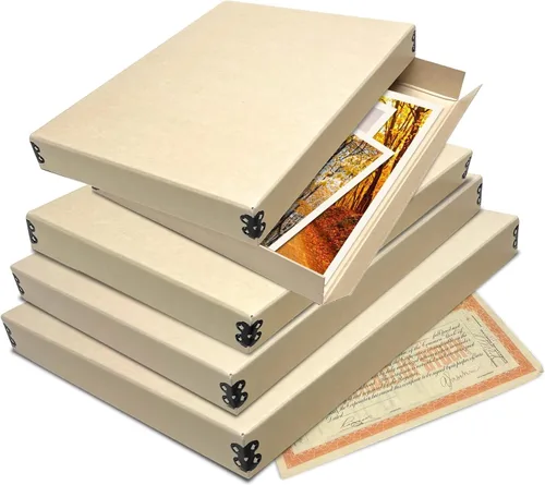 Miniatura 9 de Lineco Caja de almacenamiento de museo bronceada, 8 x 10 x 1.5 pulgadas, diseño frontal con borde de metal. Organiza, almacena y conserva