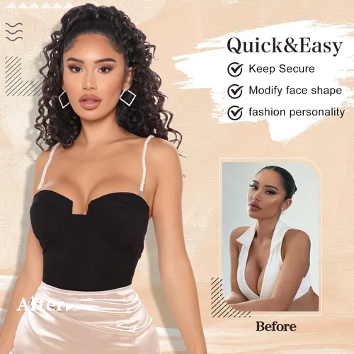 Miniatura 2 de FREEMEIGE Extensión de Cola de Caballo Rizada con Cordón de 20 Pulgadas, Extensiones de Cabello Ondulado con Cordón, Extensiones de Cola de Caballo