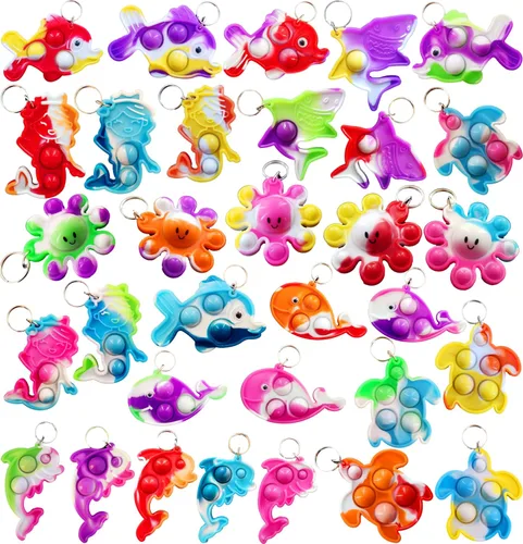 Miniatura 7 de Paquete de 26 llaveros de animales marinos azules, pulpo, peces, delfines, tortugas, tiburones, ballenas, mini llavero Pop para fiestas