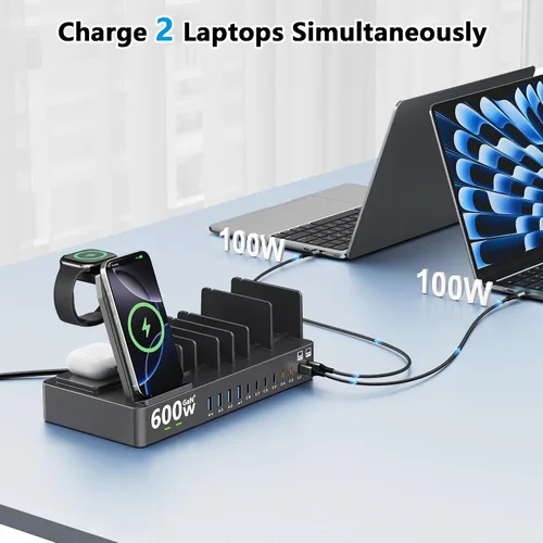 Miniatura 2 de Estación de carga de 600 W para múltiples dispositivos, estación de carga inalámbrica 15 en 1 para Apple, estación de carga dual USB C de 100 W