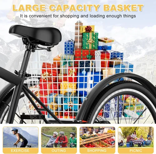 Miniatura 6 de NAIZEA Adult Mountain Tricycle, 7 Speed Three Wheel Cruiser Bike, 27.5 Inch Adults Trikes with Shopping Basket, Exercise Men's Women's Tricycles