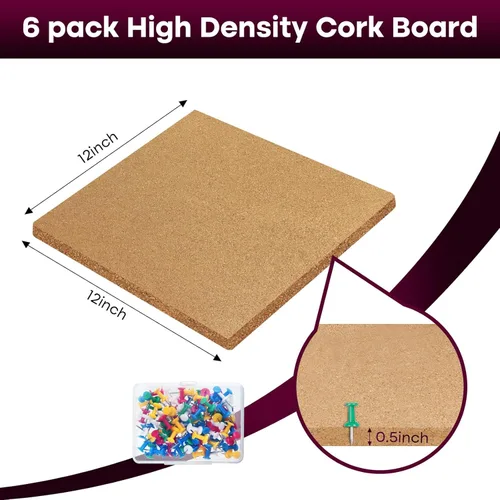 Miniatura 2 de Paquete de 6 tableros de corcho, 12 x 12 pulgadas, 1/2 pulgadas, tableros de corchos autoadhesivos para pared, escuela, hogar, oficina con 100