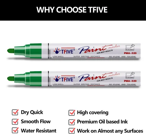 Miniatura 2 de Rotuladores de pintura permanente verde TFIVE - 2 unidades, marcadores con base de aceite, punta media, impermeables y de secado rápido