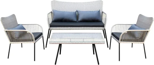 SereneLife Muebles de ratán para exteriores, incluye 1 doble y 2 sillas individuales con cojín y 1 mesa de centro con tapa de cristal, juego de