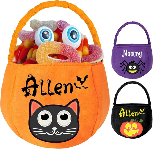 Cubo de Halloween personalizado con nombre personalizado para trucos o tratos, bolsa de dulces personalizada para niños, bolsas de mano grandes para