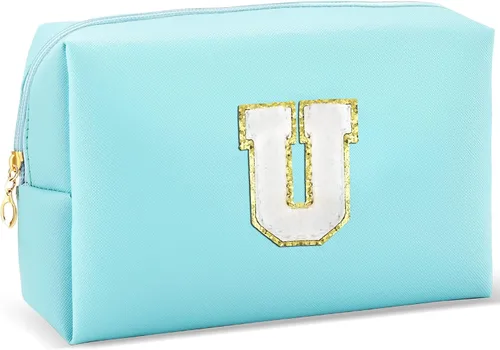 Miniatura 30 de URSKYTOUS Regalos para niñas, bolsa de maquillaje con inicial, bolsa de cosméticos personalizada con cremallera, bonita bolsa de aseo de viaje, Azul