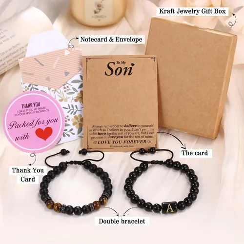 Miniatura 7 de STORUP Regalos para mi hijo de mamá papá, 2 pulseras de cuentas de obsidiana con inicial de ojo de tigre y ágata negra, regalos de cumpleaños, Día