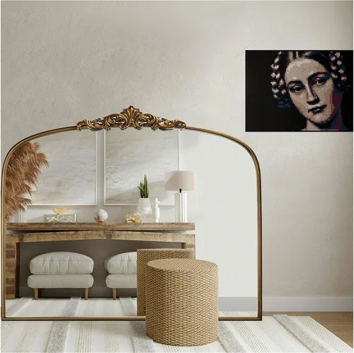 Espejo barroco adornado de oro vintage, espejo arqueado de latón antiguo de 36 x 30 pulgadas con marco de metal completo, ideal para entrada,