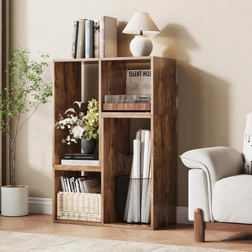 Miniatura 2 de MapleGrace Organizador de almacenamiento de 6 cubos, estantes de almacenamiento de madera con paneles traseros, estantería apilable para sala