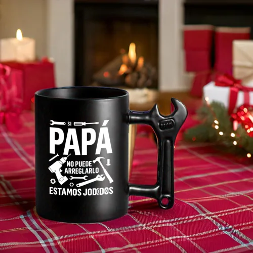 Miniatura 4 de LOZACHE Taza genial para papá - Si papá no puede arreglarlo... - Regalo original del día del padre - 350 ml - Taza negra con asa en forma de llave