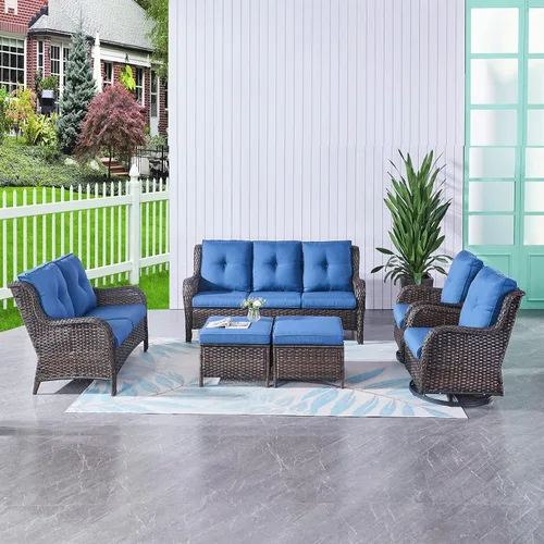 Miniatura 90 de HUMMUH Sillas Mecedoras Giratorias de Mimbre para Patio Exterior con Respaldo Alto, Sillas Deslizantes de Ratán PE, Juego de Muebles de Patio de 4