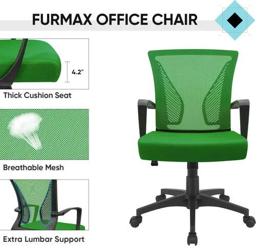 Miniatura 4 de Furmax Silla de oficina ergonómica de escritorio para computadora, silla de malla, respaldo medio, soporte lumbar giratorio con reposabrazos
