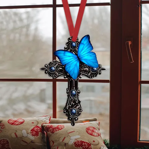 Miniatura 4 de Talataca Mariposa azul, orar por Dios Jesús CROS cristiano 2D espejo retrovisor plano coche accesorios de árbol de Navidad decoración colgante