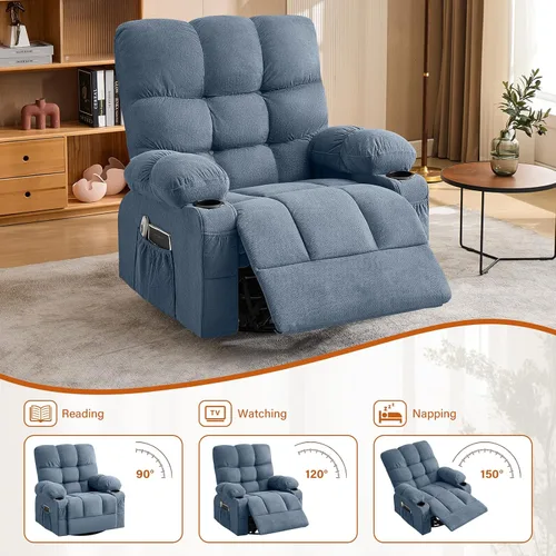 Miniatura 5 de Silla reclinable giratoria para adultos, reclinable de gran tamaño con masaje por vibración y calor lumbar, mecedora ergonómica con bolsillo
