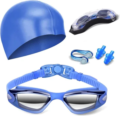 Miniatura 11 de Gafas de natación sin fugas con clip de nariz, tapones para los oídos, gorro de natación y funda para hombres y mujeres Negro