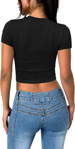 Miniatura 4 de SAMPEEL Camisetas básicas para mujer, cuello redondo, manga corta, para salir, lindas camisetas de verano, ajustadas, ropa Y2K 2024