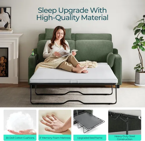 Miniatura 5 de LINSY HOME Sofá cama convertible con sofá cama extraíble, marco de cama mejorado, carga USB y portavasos, sofá cama de pana para sala de estar