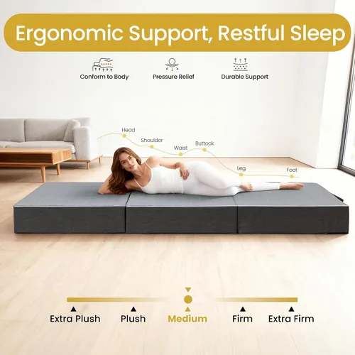 Miniatura 4 de Colchón triple plegable tamaño matrimonial – Colchón plegable de espuma viscoelástica de doble capa de 6 pulgadas, sofá cama futón portátil