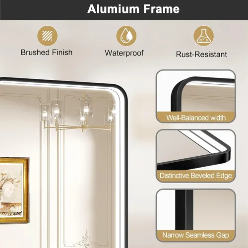 Miniatura 6 de Espejo de baño LED de 24x32 pulgadas con luces, espejo LED con marco de metal negro para baño, 3 colores y luz regulable sin escalones montada