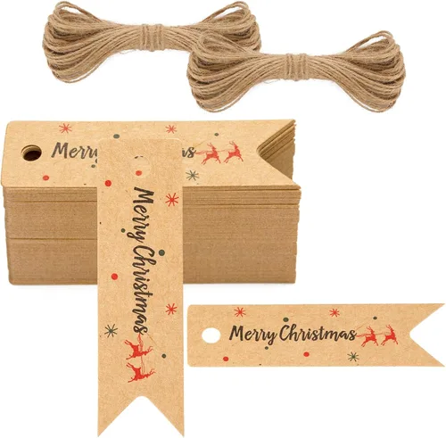 G2PLUS Etiquetas Pequeñas de Feliz Navidad - 100 Piezas Etiquetas de Regalo de Papel Kraft con Ciervo con Cuerda para Envolver Regalos, Bolsas de