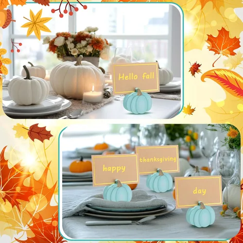 Miniatura 5 de Tradder 18 portatarjetas de lugar de Acción de Gracias con lámina dorada de calabaza, cosecha, mini calabaza, nombre, foto, soporte para fotos, Azul