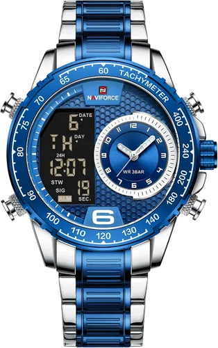 NAVIFORCE Reloj para hombre reloj de cuarzo digital de doble pantalla multifuncional de acero inoxidable
