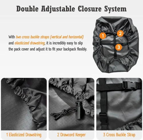 Miniatura 4 de Cubierta impermeable para mochila de lluvia (15-90L), cubierta de nylon resistente con sistema de cierre doble ajustable actualizado y bolsa