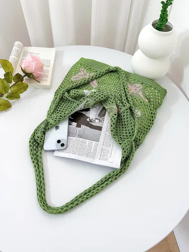 Miniatura 2 de ENBEI Bolsas bohemias, bolsa de punto de hombro, bolsa de mano Y2K estética, bolso de ganchillo lindo para mujeres, regalos hippie Verde con seis