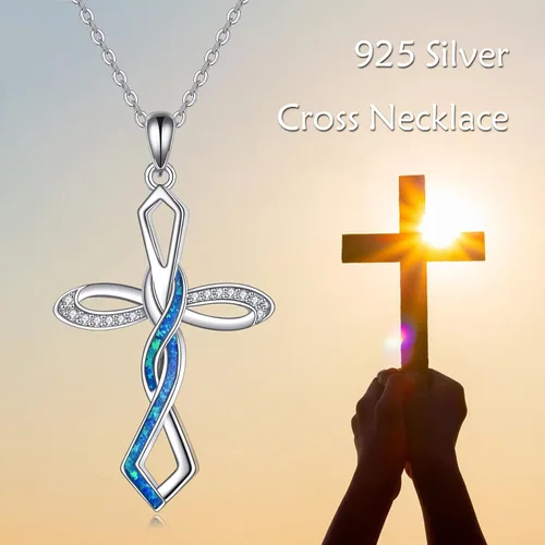 Miniatura 3 de KQF Collares de cruz para mujer, plata de ley, ópalo azul, colgante de cruz de fe, collar de Navidad, cumpleaños, joyería de regalo para mujeres