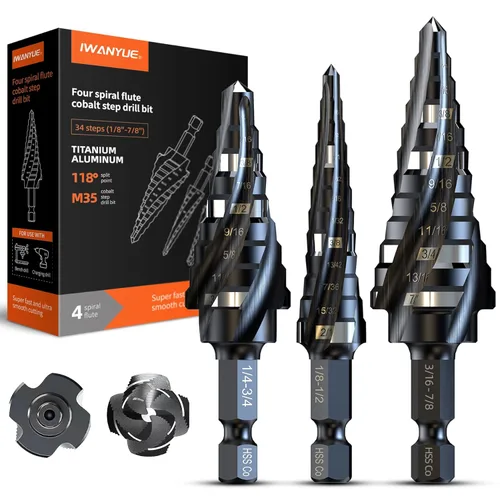 Brocas escalonadas HSS de cobalto M35, broca escalonada de cobalto de cuatro flautas en espiral, 1/8"-7/8" (3 piezas) vástago hexagonal Unibit para