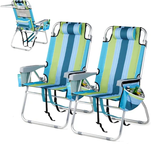 Miniatura 12 de VINGLI Silla de Playa Alta Paquete de 2 Ligera, Silla de Playa Tipo Mochila para Adultos con 5 Posiciones, Bolsa Refrigeradora, Portavasos, Barra