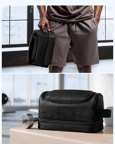 Miniatura 8 de Elviros - Neceser de aseo personal para hombre, organizador de viaje de cuero PU, con gancho para colgar, bolsas de afeitado para el baño de gran