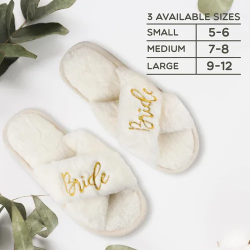 Miniatura 4 de Bride Slippers and Bridesmaid Slippers Bride Gifts for Bridal Shower, Bachelorette Party, Engagement Party, Wedding Day, etc. Cozy White Fur Bride