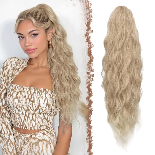 Miniatura 15 de FESHFEN Extensiones de cola de caballo – 26 pulgadas cordón largo rizado ondulado clip en colas de caballo pelo sintético extensiones de cola