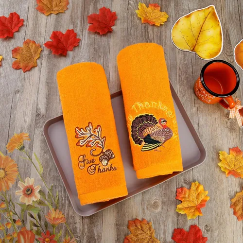 Miniatura 3 de Quera Paquete de 2 toallas de mano de otoño de Acción de Gracias, hojas de otoño, pavo, bordadas, decoración de lujo de primera calidad, juego