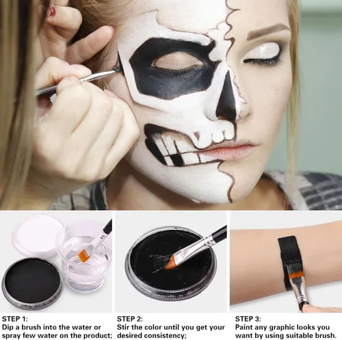 Miniatura 3 de Pintura corporal y facial negra y blanca de payaso con 3 pinceles de pintura, paleta de maquillaje SFX a base de agua para niños y adultos, pintura