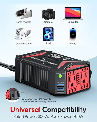 Miniatura 6 de BESTEK Inversor de corriente de onda sinusoidal pura – 300 W enchufe de coche en la salida del cargador DC 12 V a 110 V CA – Adaptador de encendedor