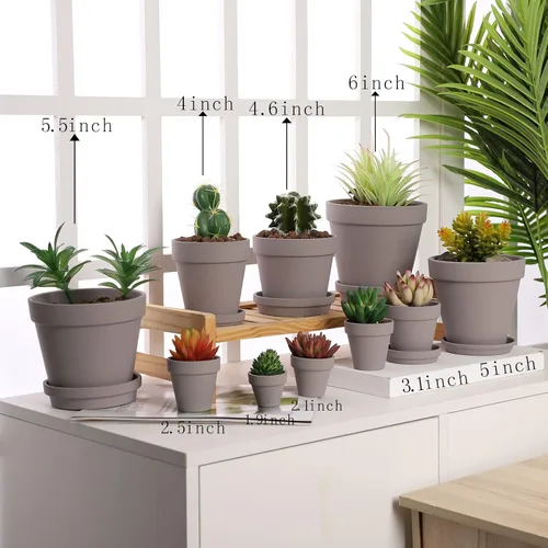 Miniatura 4 de Yishang Macetas grandes de terracota con platillo, paquete de 4 macetas grandes de terracota de 6 pulgadas con orificio de drenaje, maceta con Gris