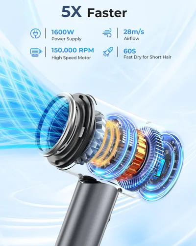 Miniatura 3 de Secador de pelo, 150000 RPM secador de pelo profesional de alta velocidad, secador de pelo iónico negativo para secado rápido, secador de pelo