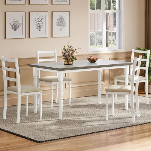 YITAHOME Juego de mesa de comedor de 5 piezas para 4, mesa de comedor de granja con sillas tapizadas de piel sintética, juego de mesa rectangular de